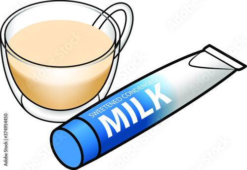 A tube of sweetened condensed milk with a cup of milky coffee.