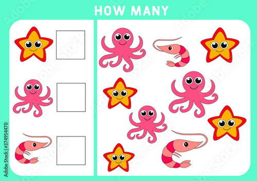 Counting Game for Preschool Children. Educational a mathematical game. Subtraction worksheets. How many animals task. Learning mathematics, numbers, addition theme. cute sea animals.
