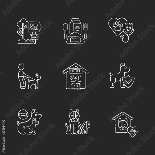Animal care business chalk white icons set on black background. Professional assistance for pet owners. Dog healthcare, nutrition and daycare services. Isolated vector chalkboard illustrations