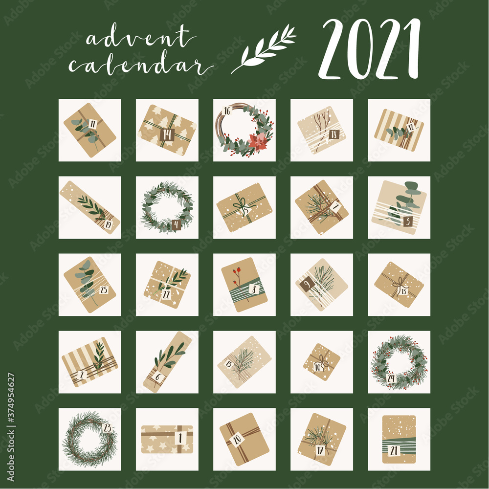 Advent calendar. Christmas presents in kraft paper and wreaths, with numbers 1 to 25. Rustic gift box. Eco decoration. Xmas and New 2021 Year celebration preparation. Vector flat cartoon style Advent calendar. Christmas presents in kraft paper and wreaths, with numbers 1 to 25. Rustic gift box. Eco decoration. Xmas and New 2021 Year celebration preparation. Vector flat cartoon style