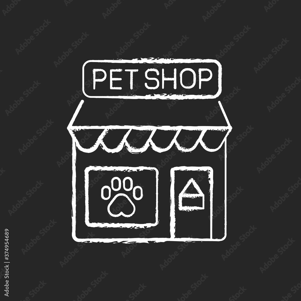 Pet shop chalk white icon on black background. Local store with various products for animals. Small business, petshop. Storefront with paw print on window isolated vector chalkboard illustration