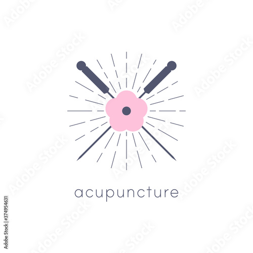 Acupuncture needles and flower. Alternative medicine logo, sign, icon. the acupuncture points as places to stimulate nerves, muscles and connective tissue. Acupuncture treatment. Chinese medicine