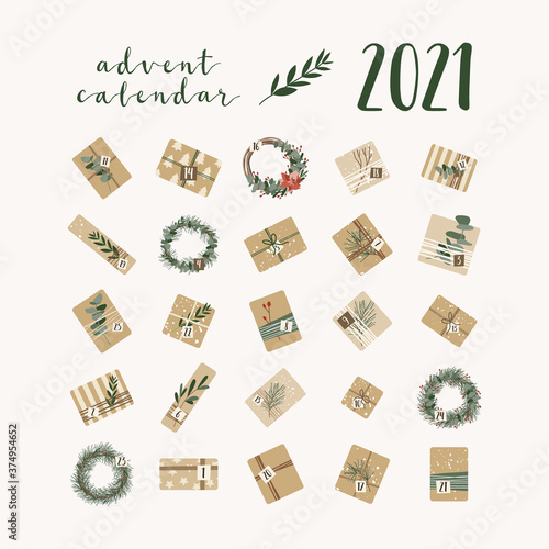Advent calendar. Christmas presents in kraft paper and wreaths, with numbers 1 to 25. Rustic gift box. Eco decoration. Xmas and New 2021 Year celebration preparation. Vector flat cartoon style