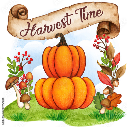 Watercolor pumpkins on a fall background with vintage scroll banner