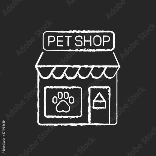 Pet shop chalk white icon on black background. Local store with various products for animals. Small business, petshop. Storefront with paw print on window isolated vector chalkboard illustration