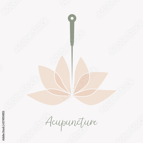 Acupuncture needle and lotus flower. Alternative medicine logo, sign, icon. the acupuncture points as places to stimulate nerves, muscles and connective tissue. Acupuncture treatment. Chinese medicine