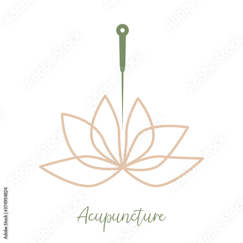 Acupuncture needle and lotus flower. Alternative medicine logo, sign, icon. the acupuncture points as places to stimulate nerves, muscles and connective tissue. Acupuncture treatment. Chinese medicine