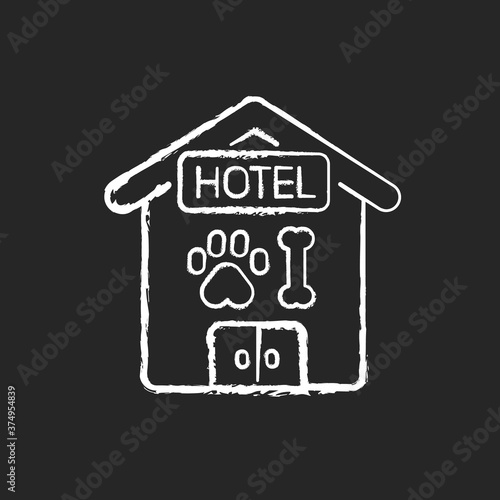Pet hotel chalk white icon on black background. Providing accommodations and treatment for dogs and cats. Domestic animals overnight sitting service. Isolated vector chalkboard illustration