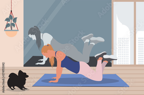 Workout exercise from home. Girl doing knee push up indoor in front of mirror. Girl doing sport from home. Healthy lifestyle. Flat cartoon vector illustration.