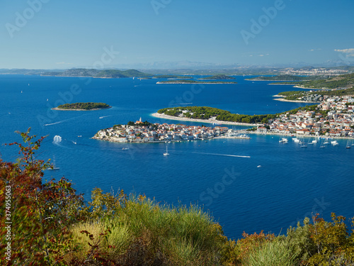 Amazing panoramic view of the tourist town of Primosten. View of the Old Town and Marina. Dalmatia, Croatia