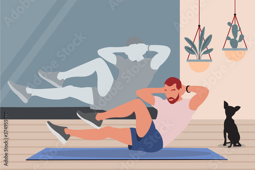 Workout exercise from home. Boy doing bicycle crunch indoor in front of mirror. Boy doing sport from home. Healthy lifestyle. Flat cartoon vector illustration.