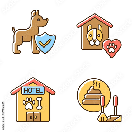 Animal welfare RGB color icons set. Dog hotel, animal shelter, poop scooping and life insurance. Different services for pet owners. Isolated vector illustrations