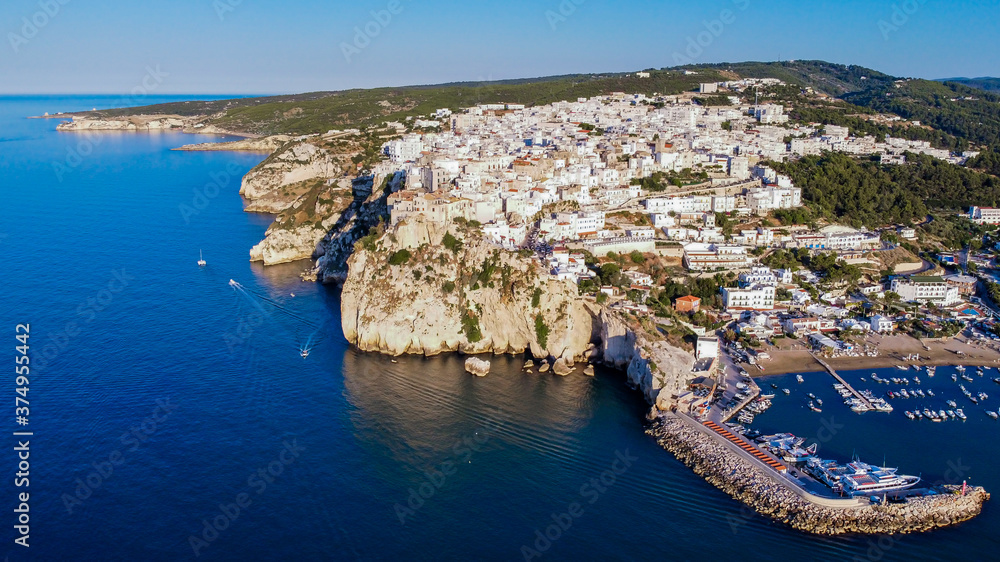 Aerial view of the coast east of Peschici on the Gargano peninsula in Italy - Village built on a rocky overlook in the Adriatic Sea