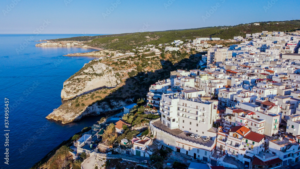 Aerial view of Peschici on the Gargano peninsula in Italy - Village built on a rocky overlook in the Adriatic Sea