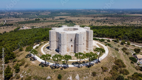 Aerial view of the Castel del Monte in Southern Italy - Octogonal shaped castle built by the Holy Roman Emperor Frederick II in the 13th century in Apulia