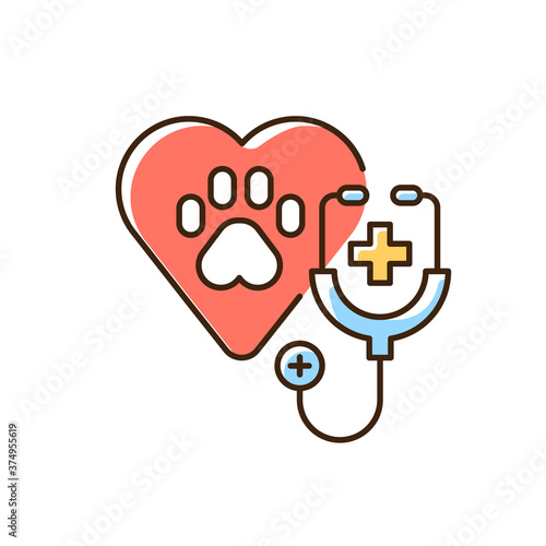 Veterinary care RGB color icon. Professional vet clinic, medical service, animals treatment. Heart with paw print and stethoscope isolated vector illustration