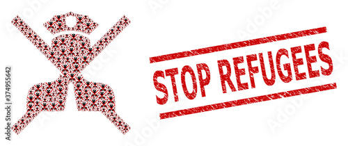 Fractal composition cancel policeman and Stop Refugees unclean stamp seal. Vector collage is done of recursive cancel policeman parts. Stamp seal includes Stop Refugees caption between parallel lines.