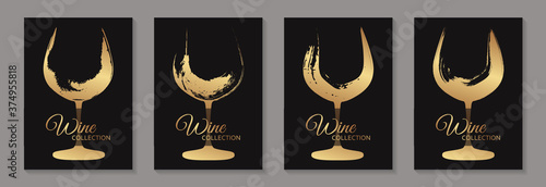 Modern abstract luxury card templates for wine tasting invitation or poster or banner or presentation with golden glasses in grunge style on a black background.