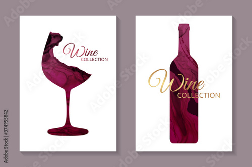 Modern abstract card templates for wine tasting invitation or poster or banner or presentation with red glass and bottle in alcohol ink style on a white background.