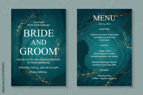 Modern abstract luxury wedding invitation design or card templates for birthday greeting or certificate or cover with turquoise watercolor waves or fluid art in alcohol ink style with gold.
