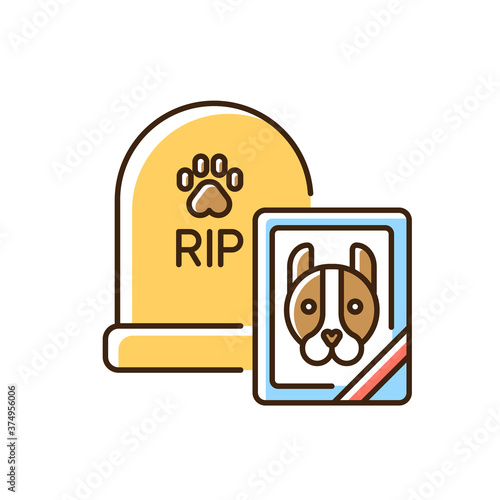 Pet funeral service RGB color icon. Assistance with wake organization. Memorial services for domestic animals. Dog gravestone and photo isolated vector illustration