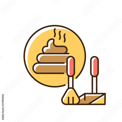 Poop scooping RGB color icon. Domestic animal waste removal. Professional pet care. Cleaning after pets. Dog feces and poop scoop isolated vector illustration