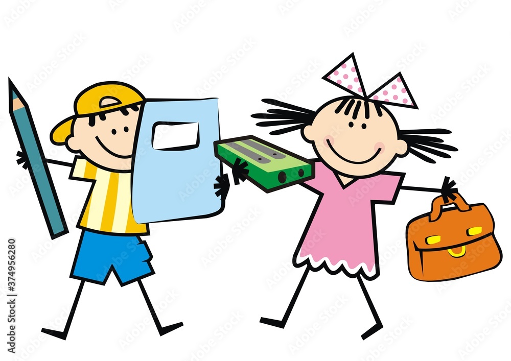 Fototapeta School children holding workbook, pen, grater and bag, humorous vector illustration