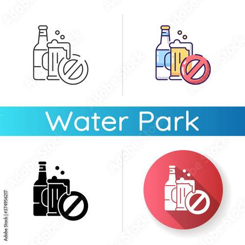 No alcohol icon. Linear black and RGB color styles. Water park, entertainment area safety rule. Drinking restriction. Beer pint and bottle with stop sign isolated vector illustrations