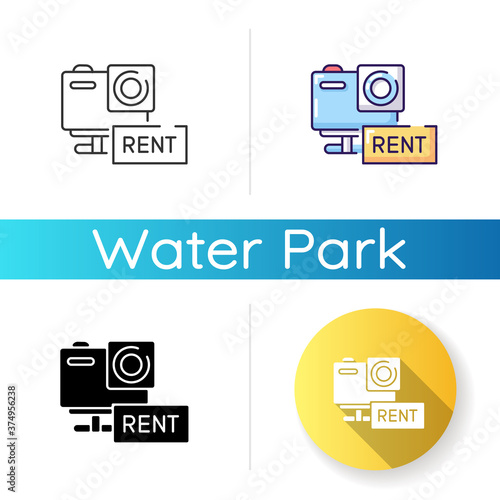 Action camera rental icon. Linear black and RGB color styles. Aqua park service, photographic equipment rent. Photocamera for underwater diving and active rest. Isolated vector illustrations