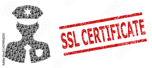 Recursive combination constable and SSL Certificate rubber stamp. Vector mosaic is made with recursive constable icons. Stamp seal includes SSL Certificate caption between parallel lines.