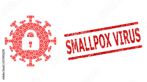 Recursive collage contagious lockdown and Smallpox Virus textured stamp print. Vector collage is done from random contagious lockdown parts. Stamp includes Smallpox Virus text between parallel lines.