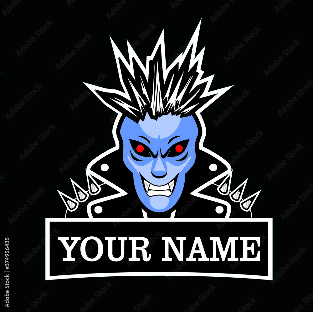 Punk demonic logo. Biker man in black leather with blue face and