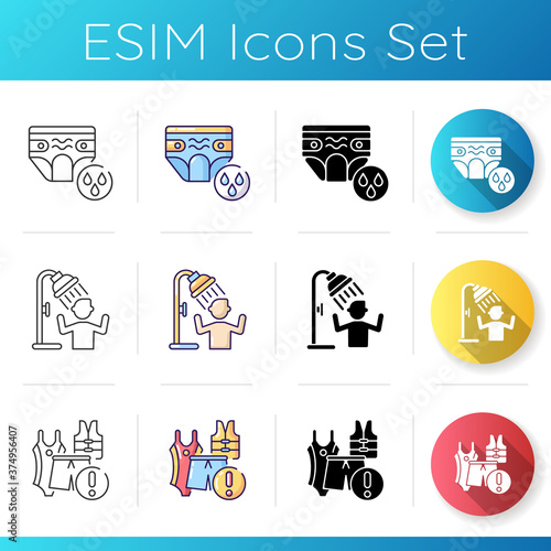 Water park requirements icons set. Linear, black and RGB color styles. Swimming diapers for children, use shower and swimsuits. Aquapark recreation rules. Isolated vector illustrations