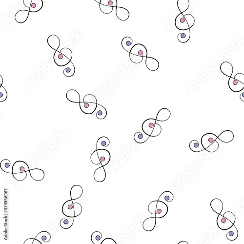Treble clefs are scattered over a black background.