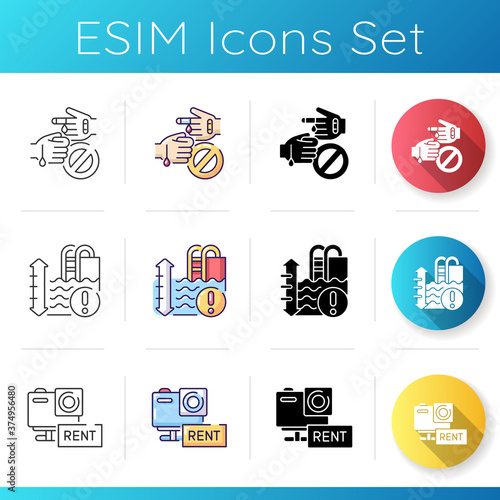 Aquapark recreation icons set. Linear, black and RGB color styles. Action camera rental service. Water park rules and precautions. No wounds and water depth warning. Isolated vector illustrations