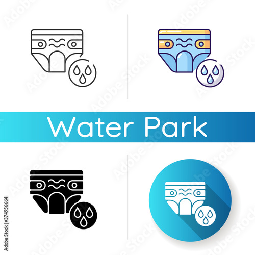 Swim diaper icon. Linear black and RGB color styles. Swimsuit for babies. Aquapark requirement, water park rule. Special waterproof clothes for little children. Isolated vector illustrations