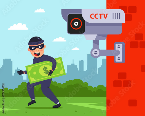 fixation to an outdoor surveillance camera. the criminal rob people. flat vector character illustration.