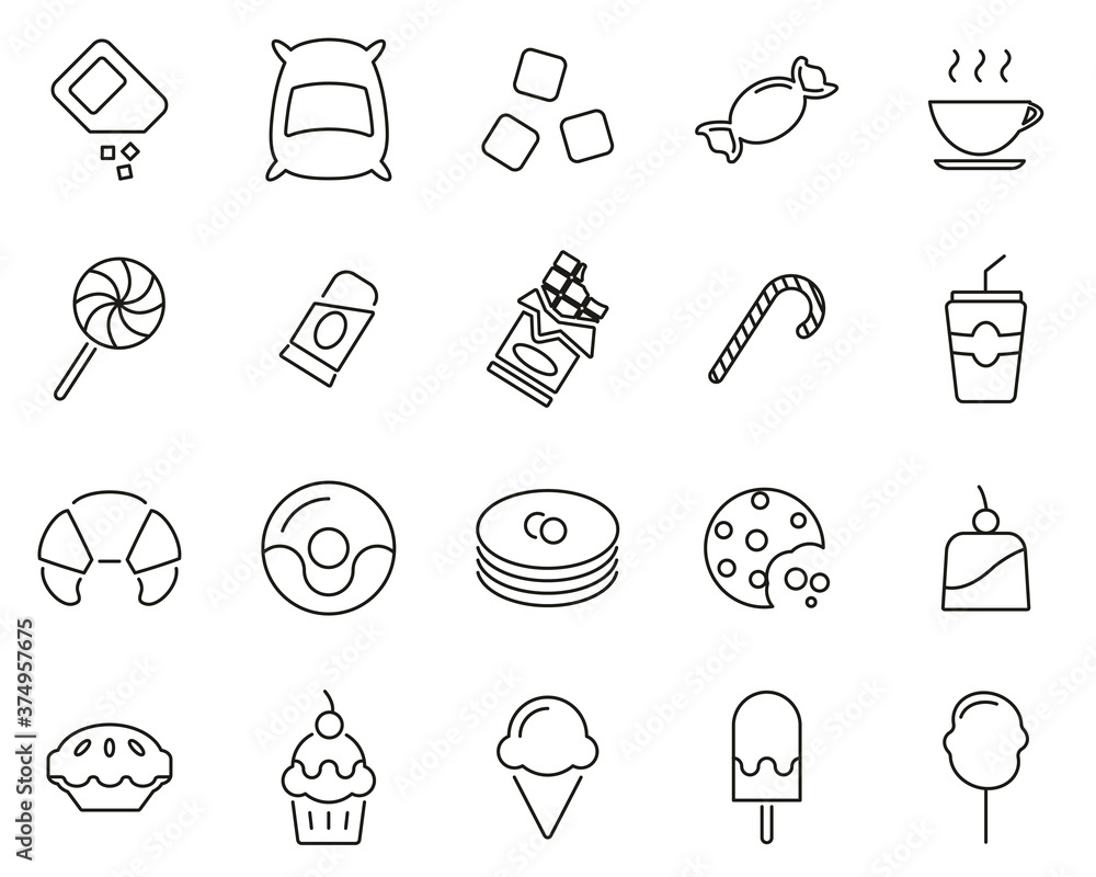 Naklejka premium Sugar Or Sugar Food & Drink Icons Black & White Thin Line Set Big
