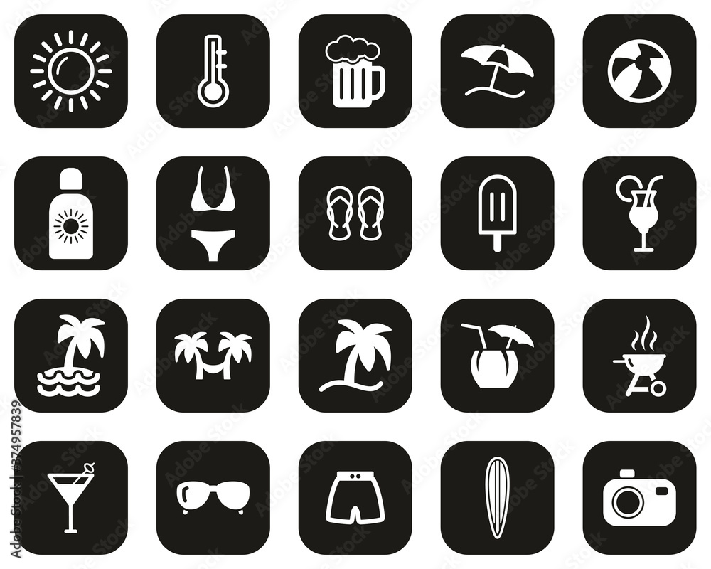 Summer Icons White On Black Flat Design Set Big Summer Icons White On Black Flat Design Set Big