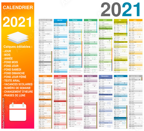 Calendrier 2021 14 mois avec vacances scolaires officielles 2021 2022 entièrement modifiable via calques et texte arial