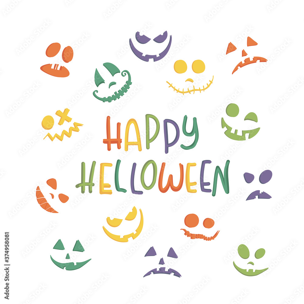 Children inscription in the style of cartoon and picture with the inscription and text Happy Halloween Colored bright and colorful and orange letters on a white background and laughing pumpkin face.