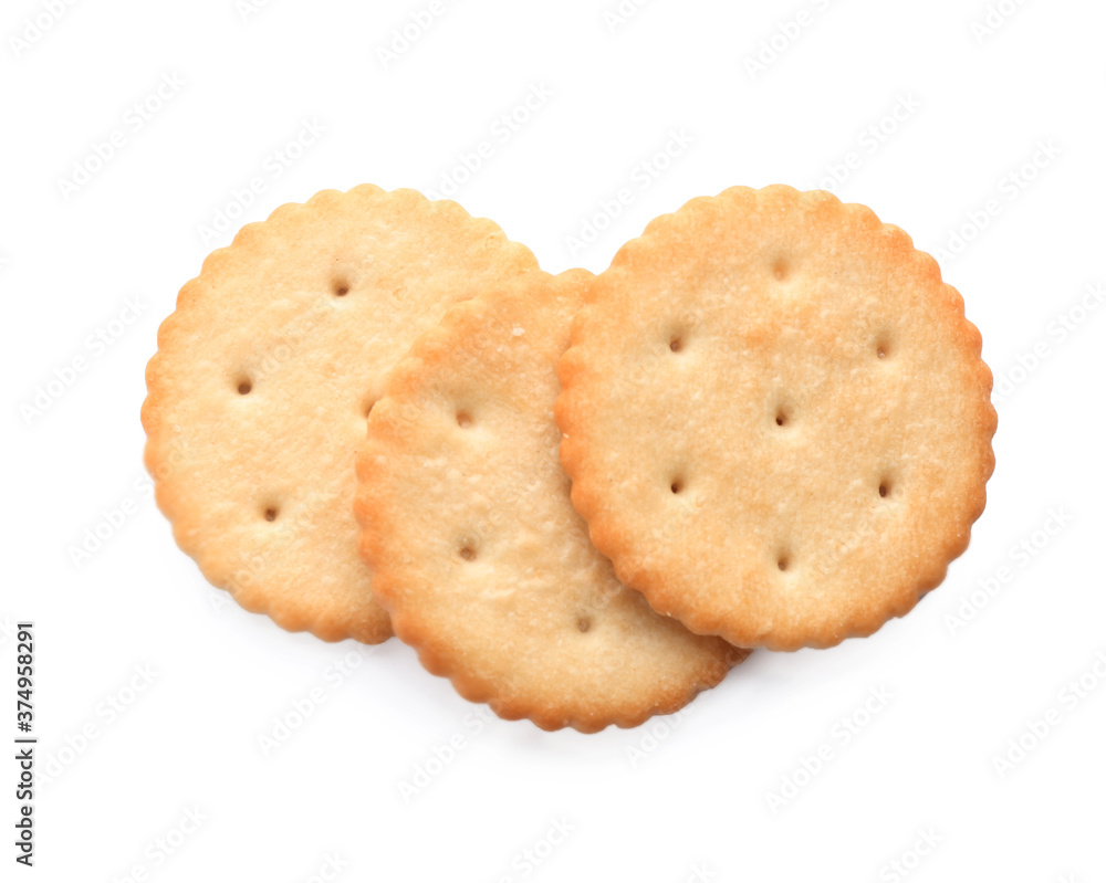 Delicious crispy crackers isolated on white, top view Delicious crispy crackers isolated on white, top view