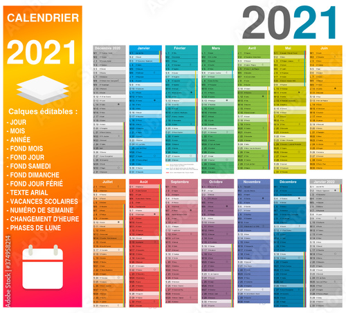 Calendrier 2021 14 mois avec vacances scolaires officielles 2021 2022 entièrement modifiable via calques et texte arial