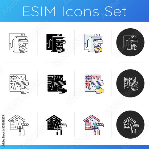 House renovations icons set. Wall painting. Painting walls with roller. Wall putty. Wide spatula knife. External decoration. Exterior. Linear, black and RGB color styles. Isolated vector illustrations