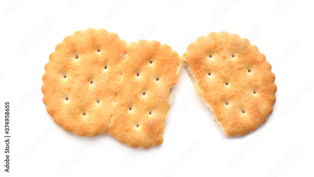 Broken delicious crispy cracker isolated on white, top view Broken delicious crispy cracker isolated on white, top view