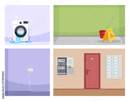 Typical household accidents semi flat vector illustration set. Faulty wiring, broken washing machine, slippery floor, uncovered power-supply panel 2D cartoon scenes collection for commercial use