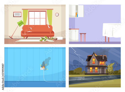 Common house accidents semi flat vector illustration set. Faulty wiring, open kitchen wall cabinet, messy living room, house on fire 2D cartoon scenes collection for commercial use