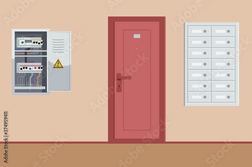 Well-equipped Residential building bright corridor semi flat vector illustration. Mailboxes, uncovered power-supply panel. Ordinary apartment door with number plate 2D cartoon scene for commercial use