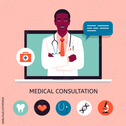 An African doctor in the laptop screen. Online medical consultation and support. Concept vector illustration in flat style with icons.