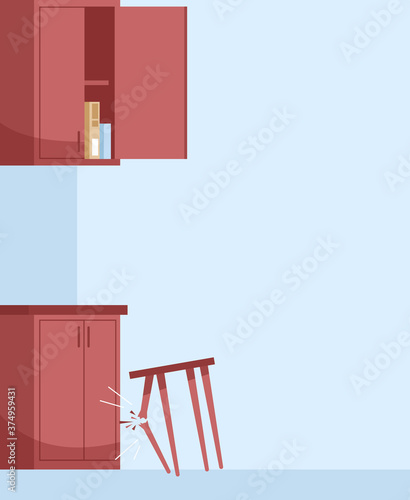 Broken chair leg semi flat vector illustration. Empty dining room. Opened wall cabinet with cereal box inside. Light mess in kitchen. Common household accidents 2D chartoon scene for commercial use